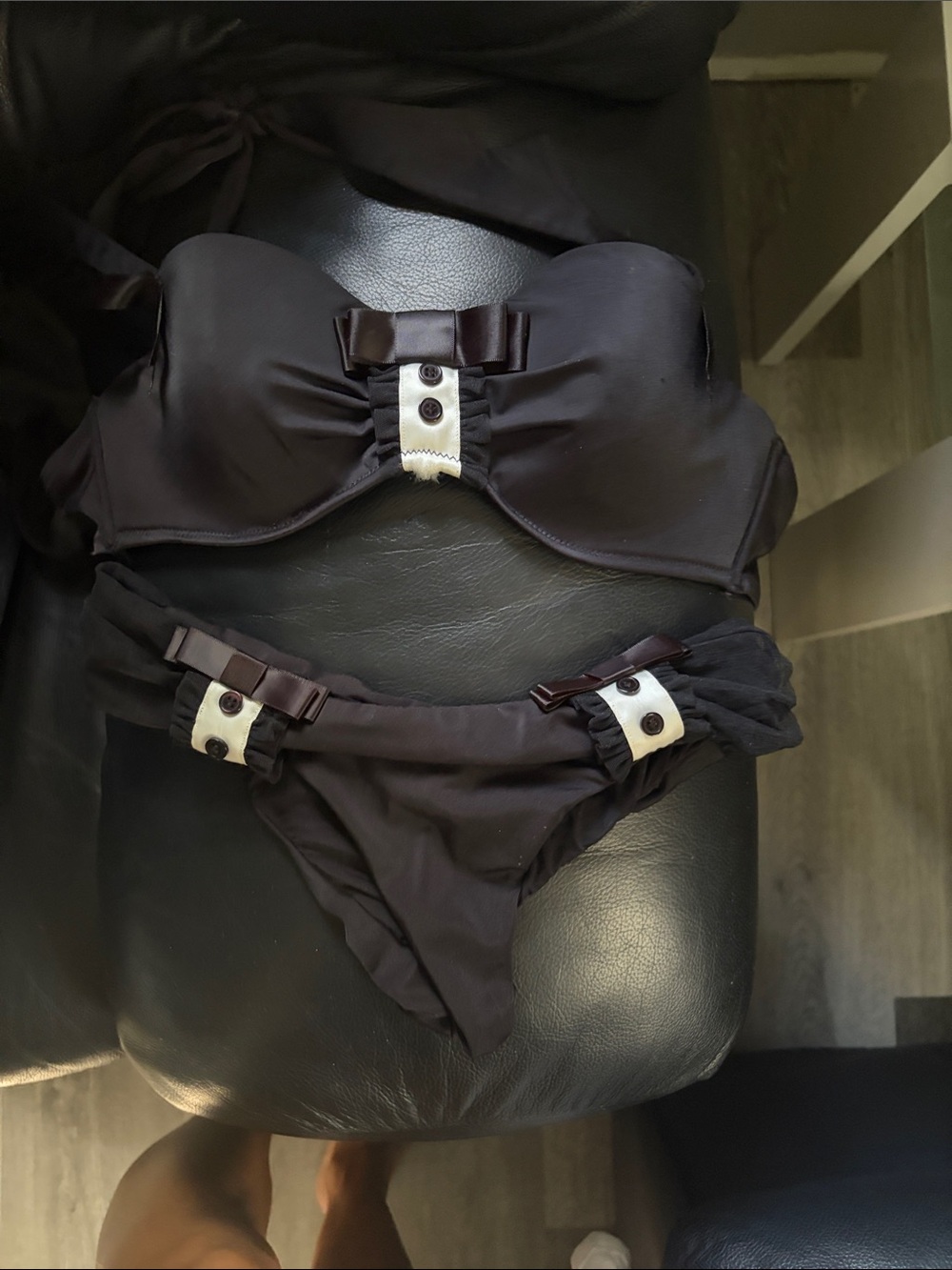 Beach Bunny Black Strapless Bikini with Bow & Button Trim